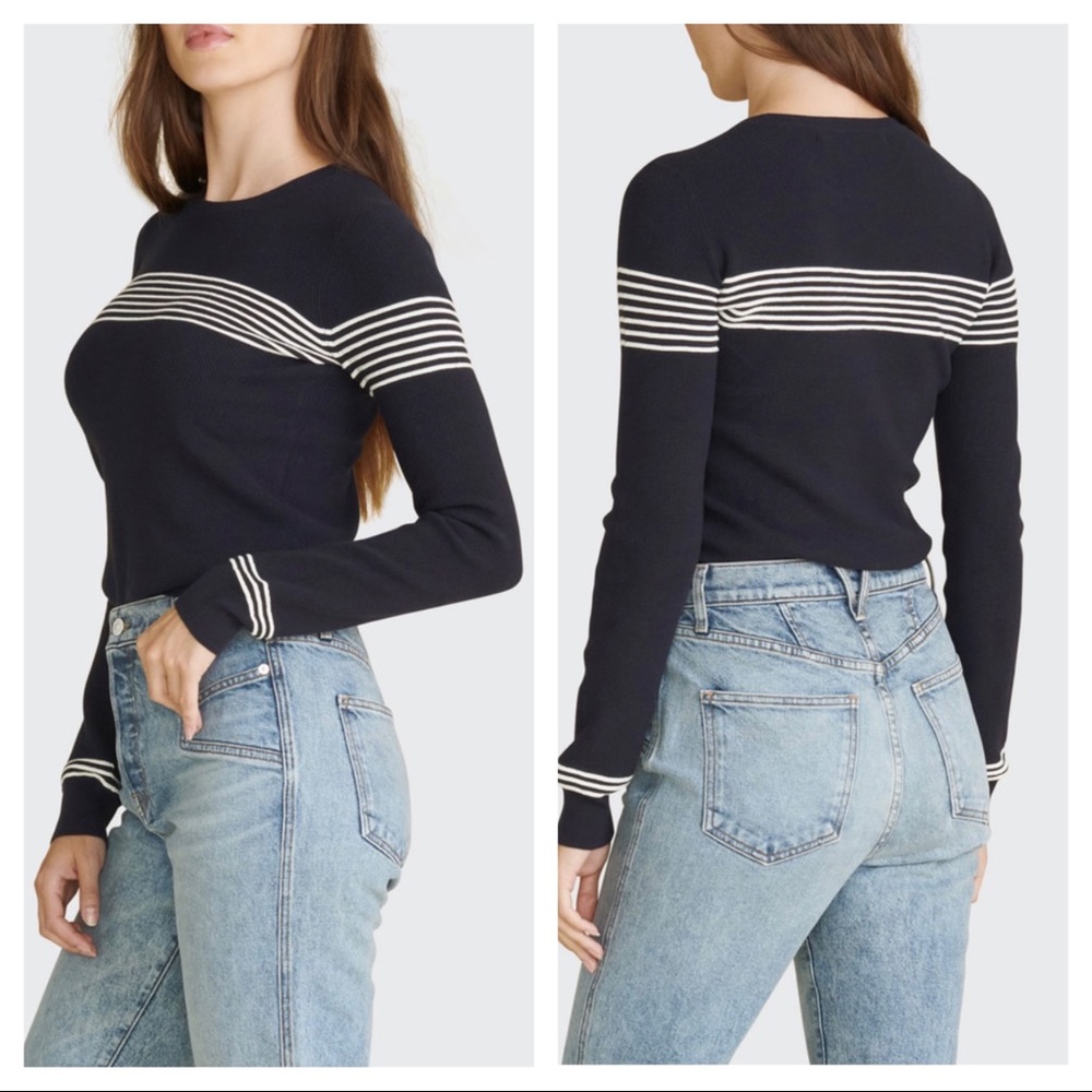 Veronica Beard Navy & White Striped Crewneck Sweater